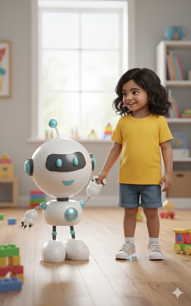 Kid with AI robot